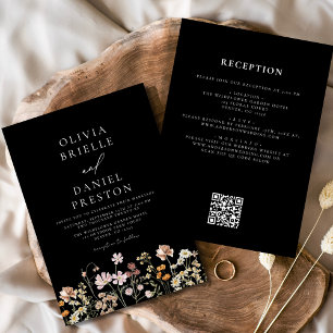 Wildflower Black QR Code All in One Wedding Invitation