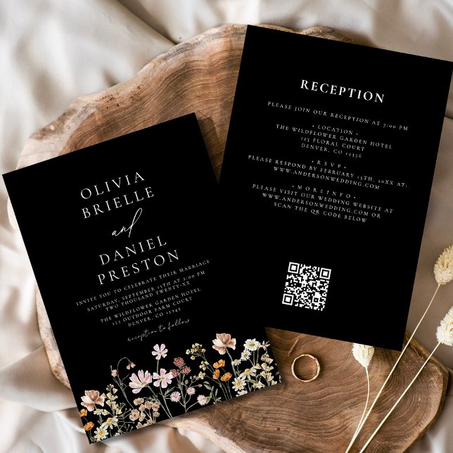 Wildflower Black QR Code All in One Wedding Invitation (Creator Uploaded)
