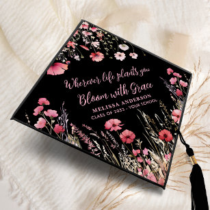 Wildflower - Bloom with Grace - Custom Pink Floral Graduation Cap Topper