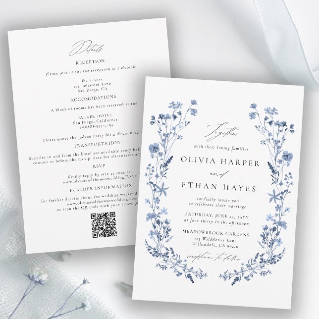 Wildflower Blue Floral Garden QR Code Wedding Invitation (wildflower wedding theme blue invitation watercolor garden backyard barn summer spring all in one qr)