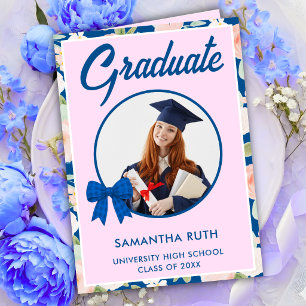 Wildflower Blue Gingham Bow Photo Graduation Card