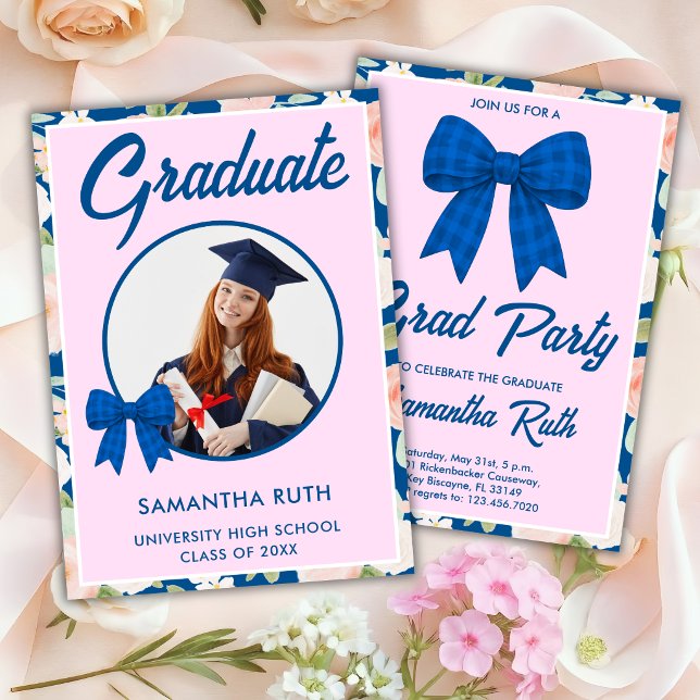 Wildflower Blue Gingham Bow Photo Graduation Invitation (Creator Uploaded)