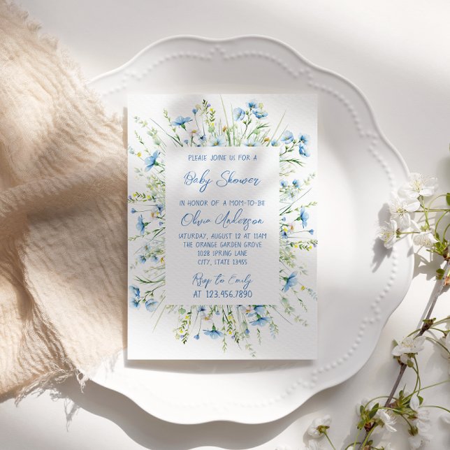 Wildflower Blue Watercolor Boho Baby Boy Shower Invitation (Creator Uploaded)