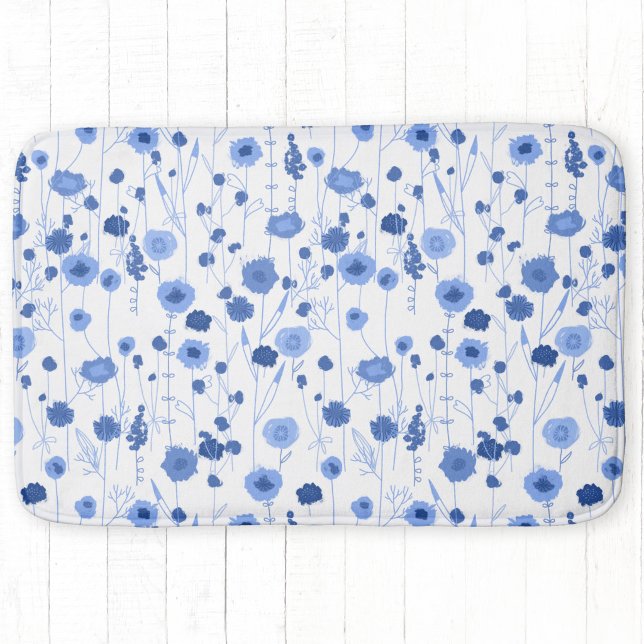 Wildflower Blue White Botanical Art Bath Mat (Blue and white wildflower art bath mat)