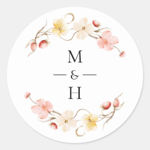 Wildflower Blush Floral Monogram Wedding Favor Classic Round Sticker