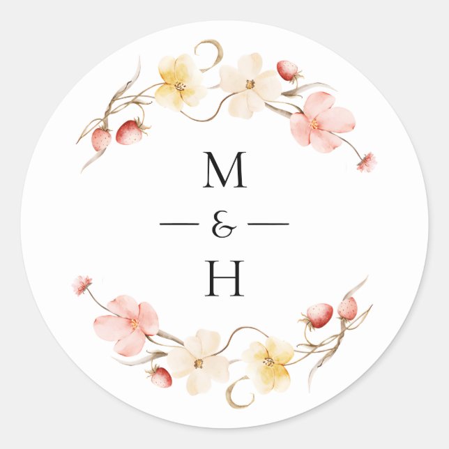 Wildflower Blush Floral Monogram Wedding Favor Classic Round Sticker (Front)