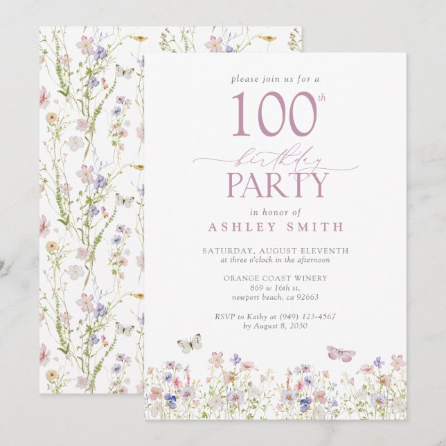 Wildflower Blush Pink 100th Birthday Party Garden Invitation (Front/Back)