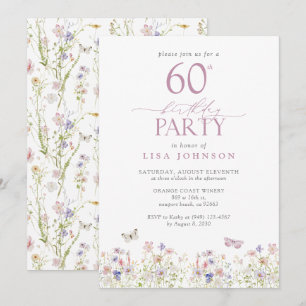 Wildflower Blush Pink 60th Birthday Party Elegant Invitation