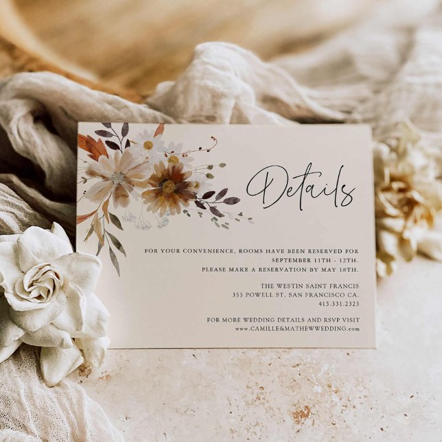 Wildflower Bohemian Wedding Details Card (Fall Floral boho Wedding Details Card)