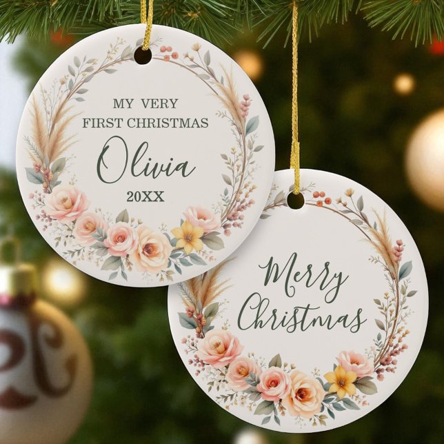 Wildflower Boho Baby First Christmas Personalize Ceramic Ornament (Creator Uploaded)
