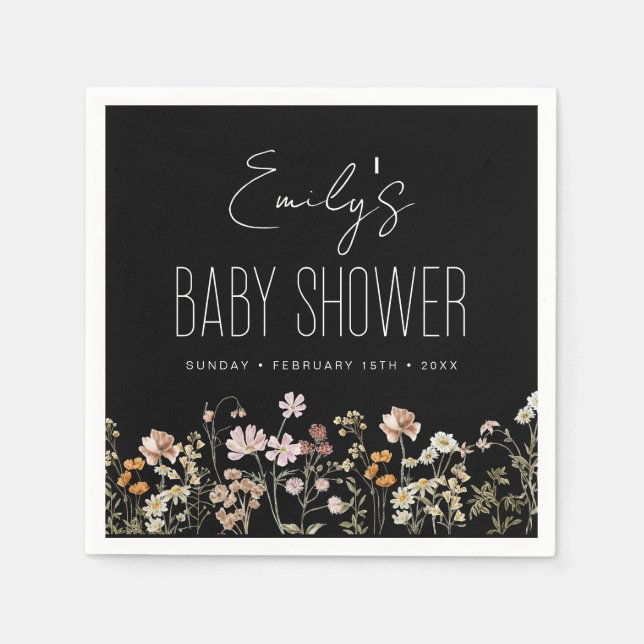 Wildflower Boho Baby Shower In Bloom Black Napkin (Front)