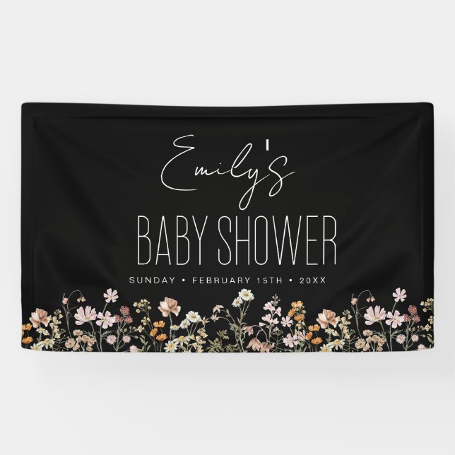Wildflower Boho Baby Shower Modern Black Banner (Horizontal)