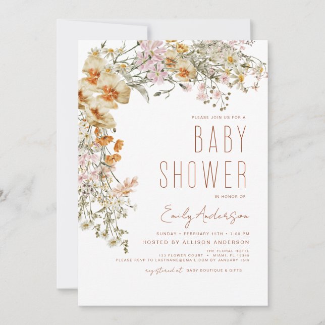 Wildflower Boho Baby Shower Terracotta Modern Invitation (Front)