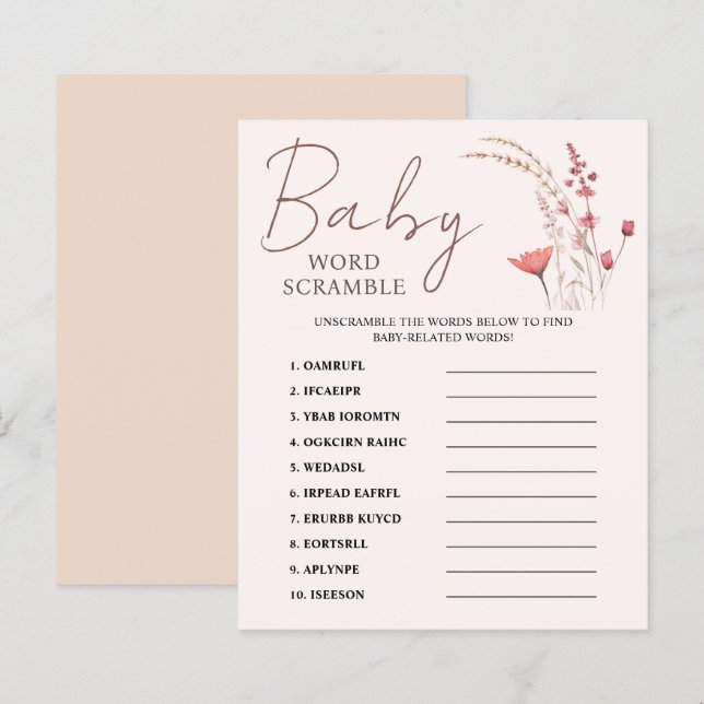  Wildflower Boho Baby Shower Word Scramble Game (Front/Back)