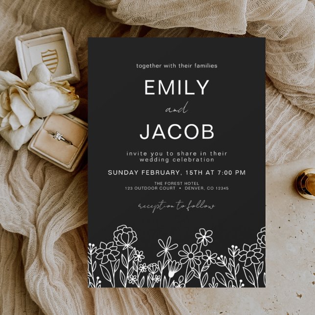 Wildflower Boho Black Botanical Wedding Invitation (Creator Uploaded)