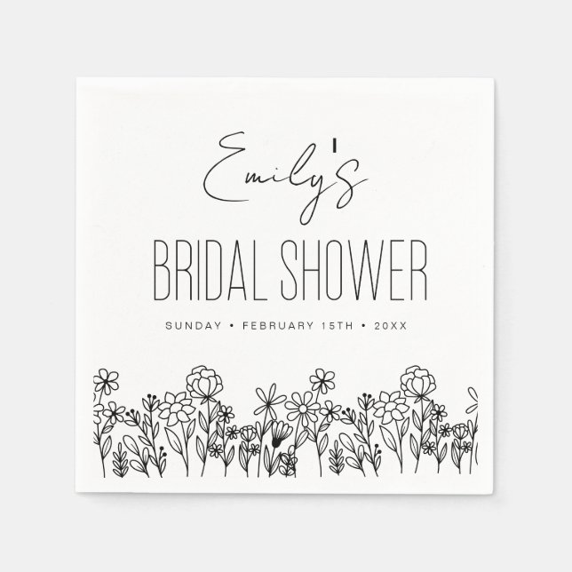 Wildflower Boho Bridal Shower Floral Sketch Art Napkin (Front)