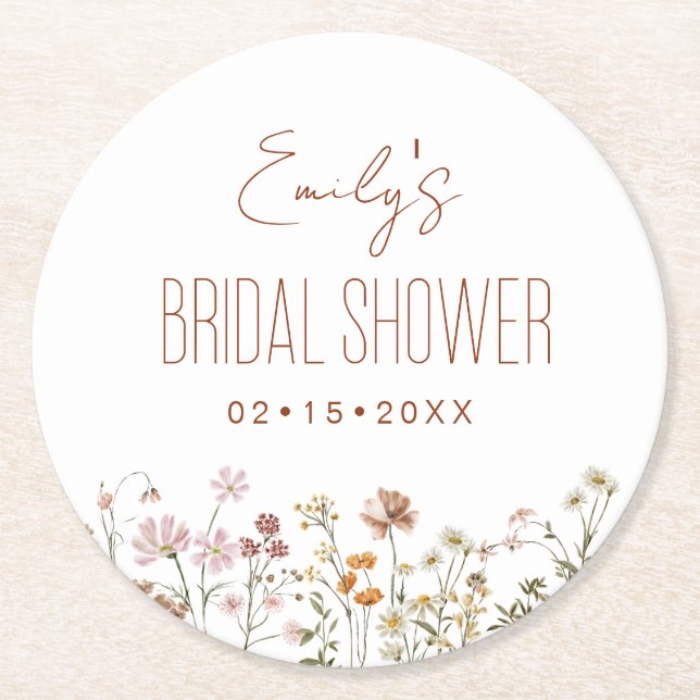 Wildflower Boho Bridal Shower In Bloom Garden Round Paper Coaster (Front)