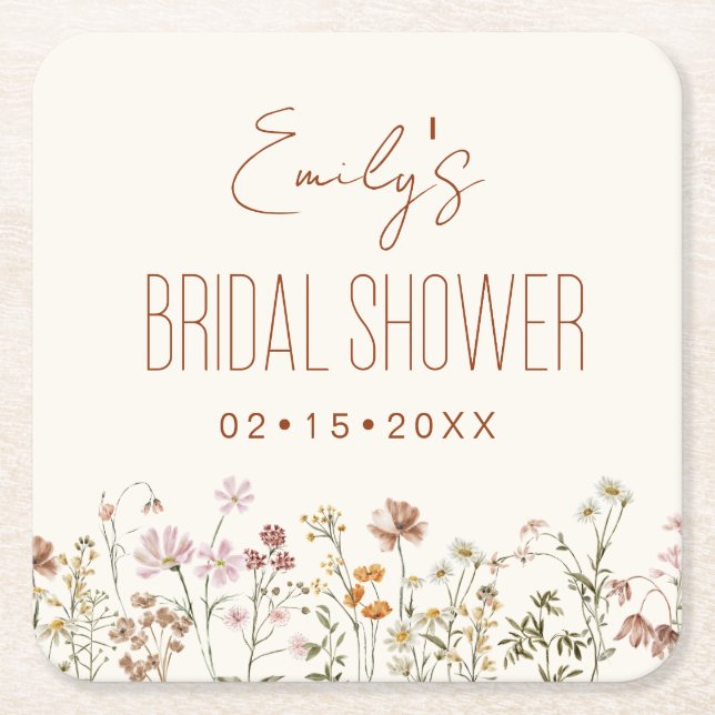 Wildflower Boho Bridal Shower In Bloom Garden Square Paper Coaster (Front)