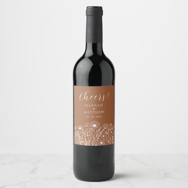 Wildflower Boho Burnt Orange Wedding Wine Label (Front)