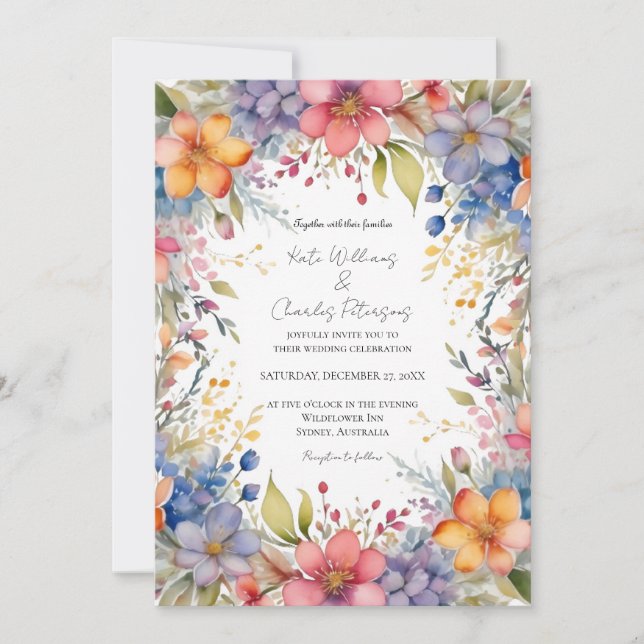 Wildflower boho chic floral wreath wedding invite  (Front)