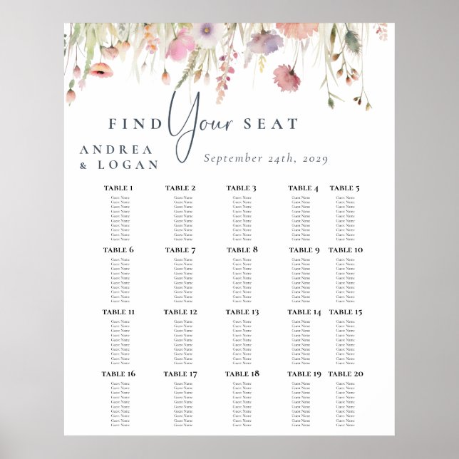Wildflower Boho Chic Wedding Seating Chart (Front)