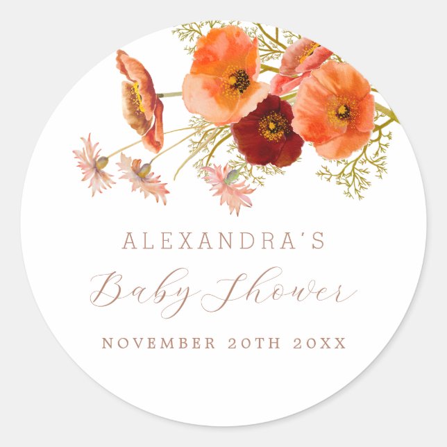 Wildflower Boho Fall Floral Custom Baby Shower Classic Round Sticker (Front)