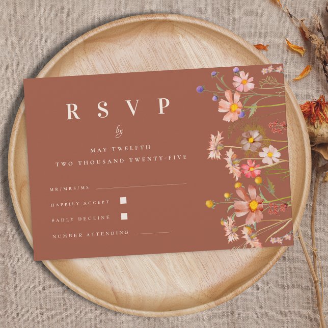 Wildflower Boho Fall Floral Terracotta Wedding RSVP Card (Wildflower boho fall floral terracotta rust qr code Wedding RSVP card Autumn garden meadow flowers )