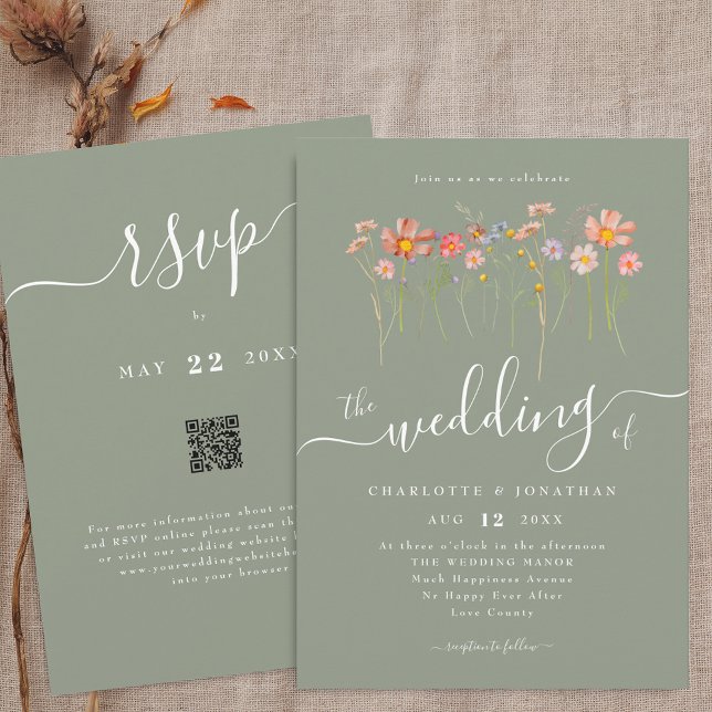 Wildflower Boho Fall Sage Green QR code Wedding Invitation (Wildflower floral sage green Wedding qr code invitation Watercolor meadow flowers elegant script)