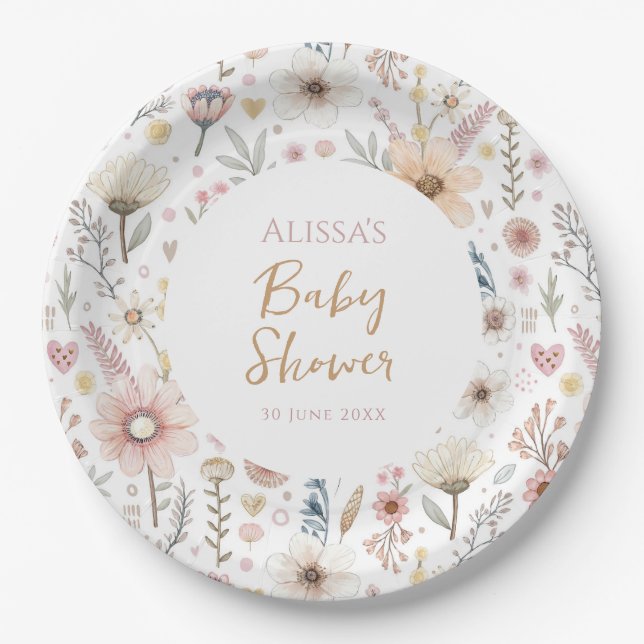 Wildflower Boho Floral  Baby Shower Paper Plate (Front)