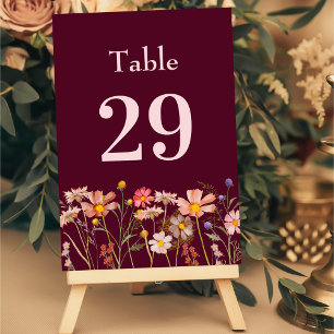 Wildflower Boho Floral Burgundy Blush Pink Wedding Table Number
