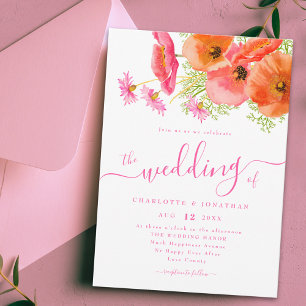 Wildflower Boho Floral Vibrant Pink Orange Wedding Invitation