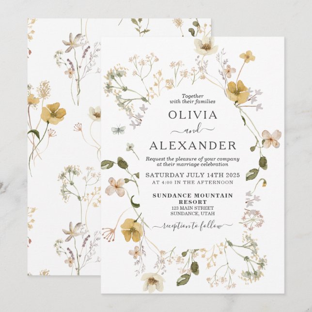 Wildflower boho garden floral wedding Invitation (Front/Back)