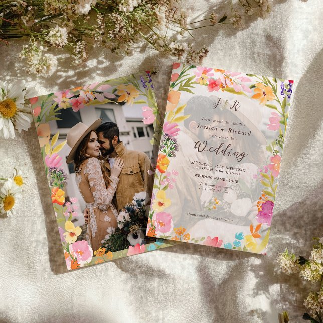 Wildflower Boho garden summer floral photo wedding Invitation (Wildflower Boho garden summer floral photo wedding Invitation)