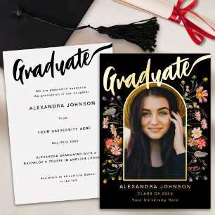 Wildflower Boho Graduate Photo Elegant Script Gold