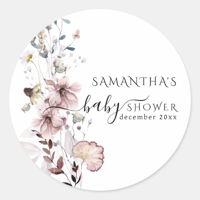 Wildflower boho minimal modern Baby Shower  Classic Round Sticker (Front)