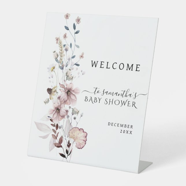 Wildflower boho minimal modern Baby Shower Welcome Pedestal Sign (Front)