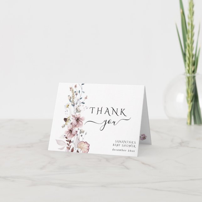 Wildflower boho minimalist modern Baby Shower Thank You Card (Front)