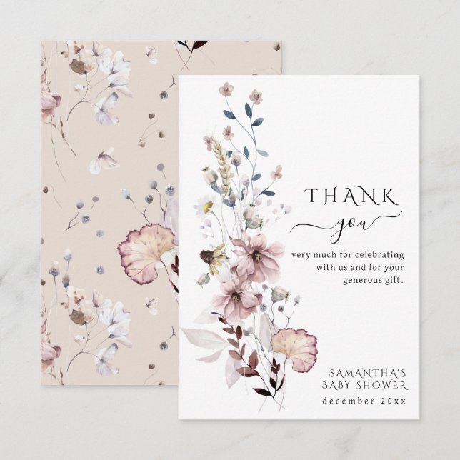 Wildflower boho minimalist modern Baby Shower Thank You Card (Front/Back)