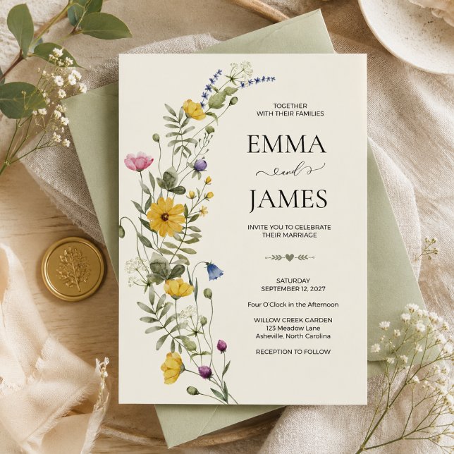Wildflower Boho Minimalist Modern Meadow Wedding Invitation (Modern Wildflower, Meadow, Botanical Boho, Garden, Romantic, Floral, Watercolor, Nature wedding)