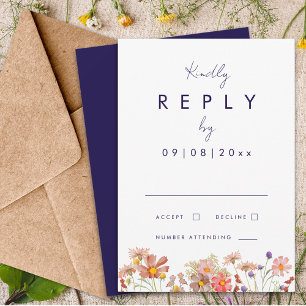 Wildflower Boho Navy Blue Fall Wedding Reply RSVP Card
