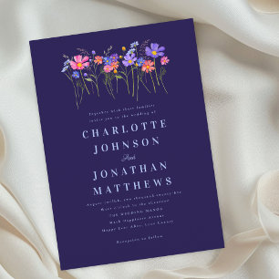 Wildflower Boho Navy Blue Pink Floral Wedding Invitation