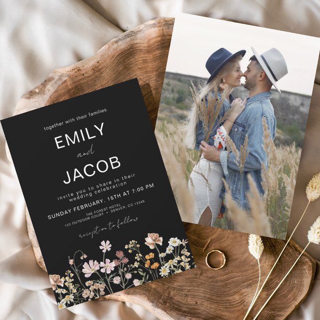 Wildflower Boho Photo Black Botanical Wedding Invitation (Creator Uploaded)