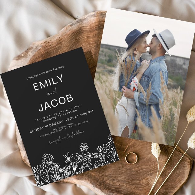 Wildflower Boho Photo Black Wedding Invitation (Creator Uploaded)