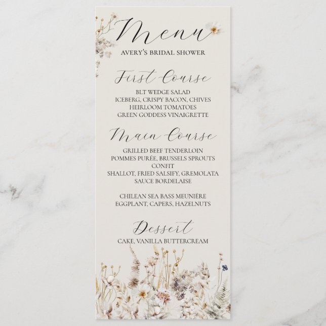 Wildflower Boho Rustic Elegant Bridal Shower Menu (Front)