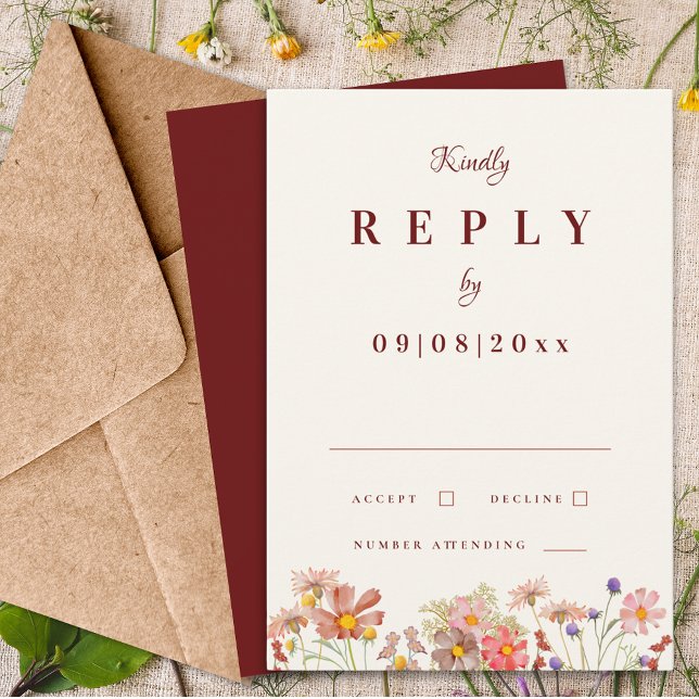 Wildflower Boho Terracotta Fall Wedding Reply RSVP Card (Wildflower boho terracotta burgundy fall wedding invitation rsvp enclosure card with elegant script )