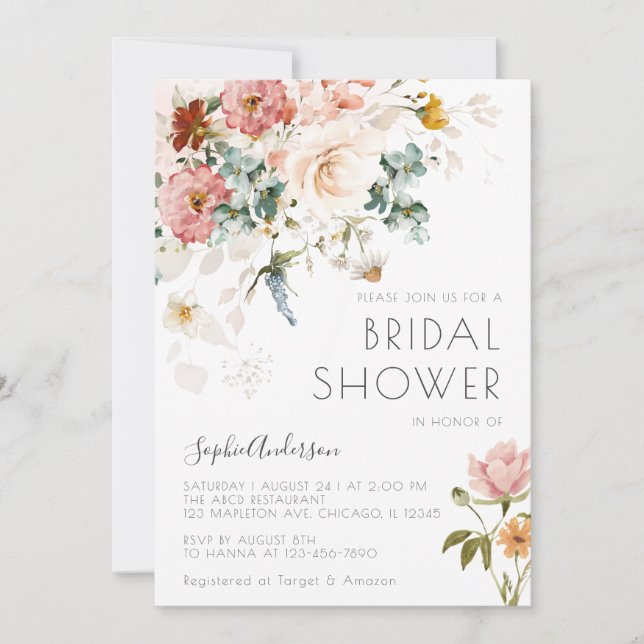 Wildflower Boho Watercolor Floral Bridal Shower Invitation (Front)