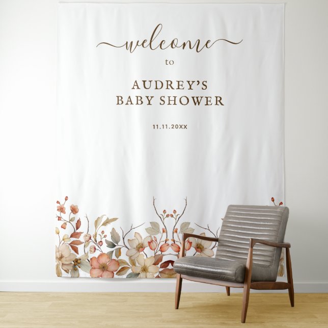 Wildflower Boho Watercolor Welcome Sign Backdrop Tapestry (In Situ)