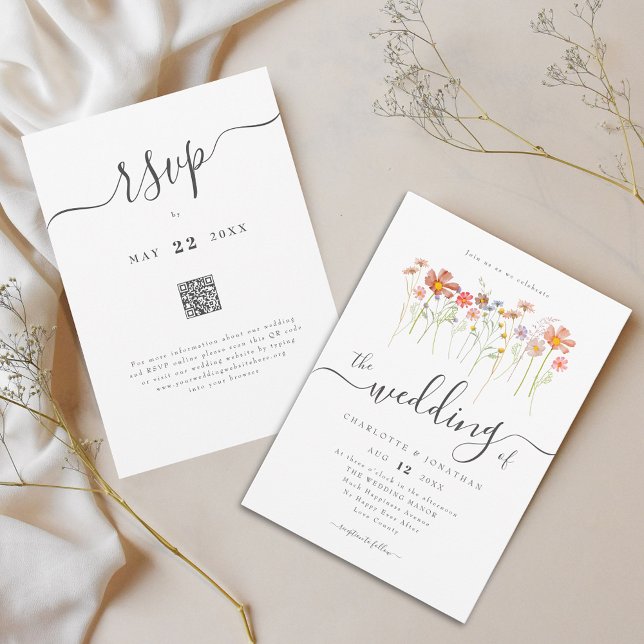 Wildflower Boho Wedding QR code Invitation (Colorful wildflower boho wedding qr code invitation Whimsical elegant script watercolor meadow)