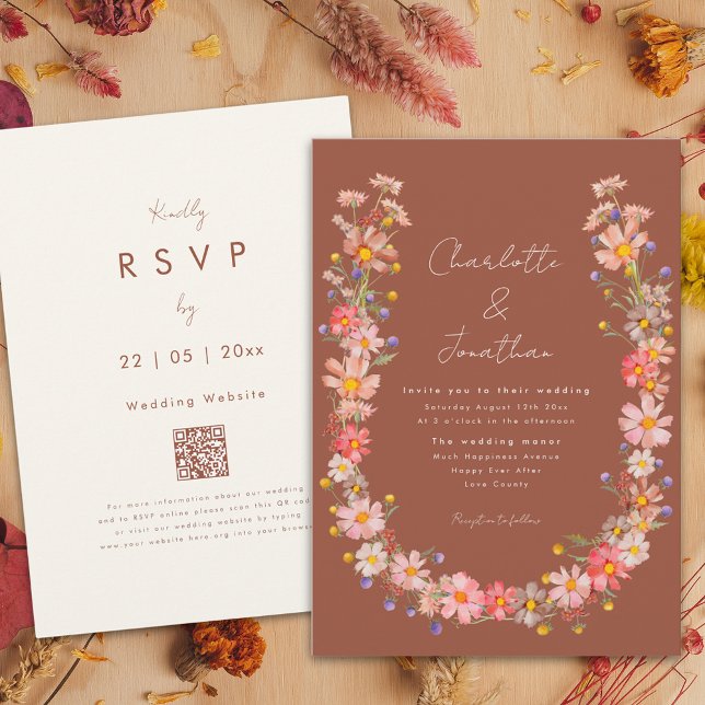 Wildflower Boho Wreath Burnt Orange Fall Wedding Invitation (Wildflower boho wreath burnt orange terracotta fall wedding invitation with whimsical script)