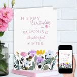 Wildflower Border Blooming Wonderful Birthday Card<br><div class="desc">Simple and pretty, this watercolor wildflower birthday card is decorated inside and out with wild flowers. You can personalize the front and the message inside. The elegant feminine typography on the front currently reads Happy Birthday to my Blooming Wonderful Sister and you can edit Sister to suit (for example, wife,...</div>